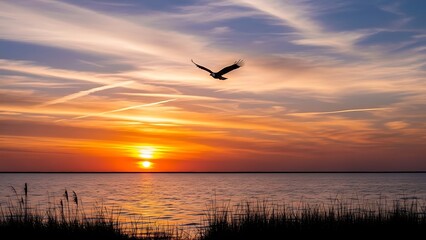 Fototapeta premium Majestic Eagle Soars Over Serene Ocean at Golden Sunset.