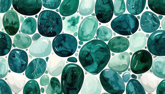 Seamless Pattern of Polished Green and Teal Gemstones.