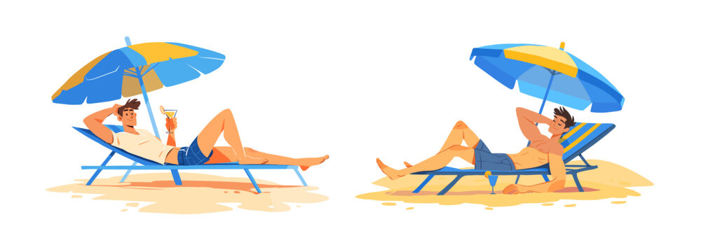 Man sunbathing beach. Happy guy lying deckchair with cocktail under umbrella, sun sea sand tropical hotel tan tourist relax chill on sunbed, summer vacation vector illustration