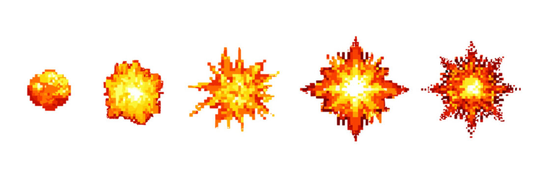 Pixel explosion animation. Fire burst 8 bit fx effect, boom heat blast hot flame sequence sprite sheet frame retro arcade game bang pow cosmic explode attack vector illustration