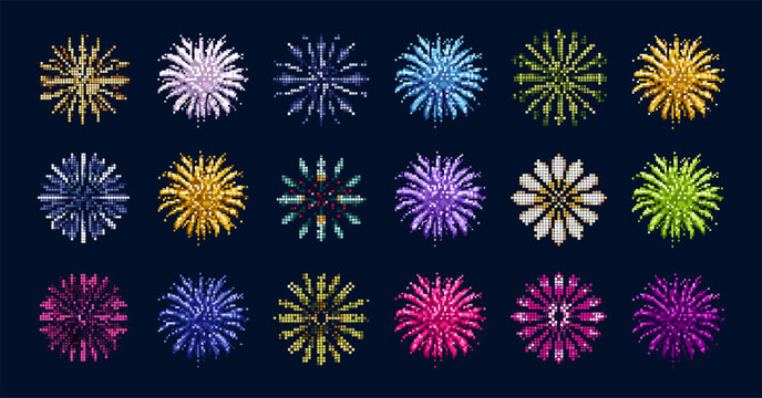 Pixel fireworks. Firework explosion 8 bit game icon, new year party festival celebration spark star sky carnival light shine july birthday christmas anniversary vector illustration