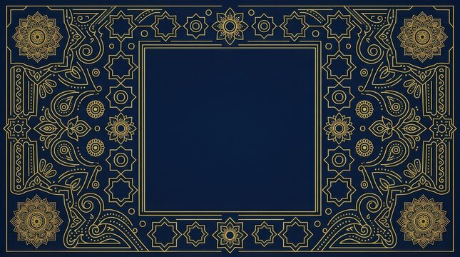 Elegant blue background with golden intricate mandala pattern borders and floral motifs for luxury invitation design.