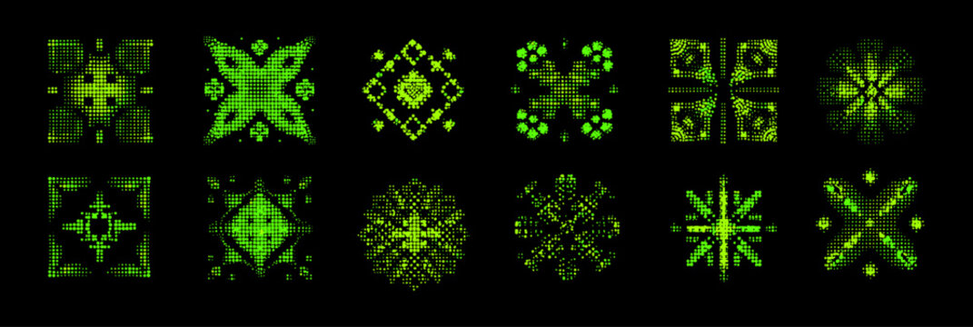 Pixel green sparkles. Matrix code kaleidoscope patterns, 8 bit art retro computer screen monitor arcade gaming star explosion flash 8bit digital snowflakes set vector illustration