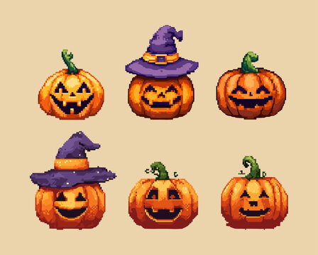 Pixel pumpkins. Halloween pumpkin 8 bit icons, retro arcade 2d game pixelart jack lanterns autumn horror party fall holidays spooky monster face emoji cartoon vector illustration