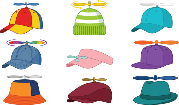 Propeller hat vector illustration collection set featuring colorful beanie baseball cap bucket hat fedora flat cap and visor with spinning helicopter rotors isolated elements