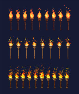 Pixel torch. Fire flame animation, ancient burning stick sequence sprite frame 8bit retro arcade 8 16 bit 2d game medieval candle bonfire light winner effect vector illustration