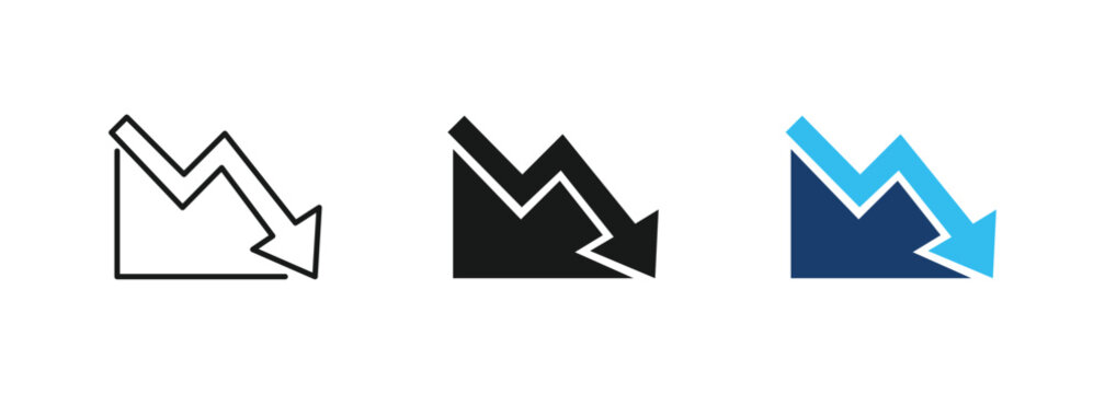 Economic crisis with falling arrow chart vector icon set, financial market recession and business loss trend, vector illustration