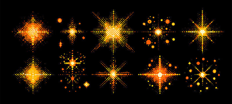 Sparkle star effect. Glitter burst pixel dot art shine light ray flare beam glow spark shimmer starburst explosion firework particle magic gold bright 8bit game vector illustration