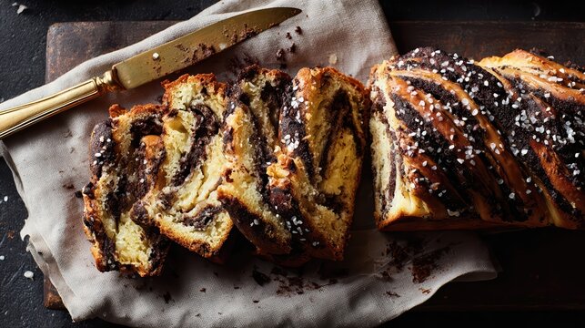 A luscious chocolate babka loaf with rich swirled layers is sliced and ready to serve. This sweet bread features a golden crust, chocolate filling, and a sprinkle of sugar.
