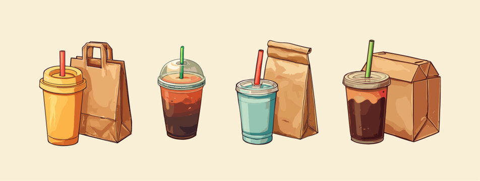 Takeaway disposable containers. Fast food paper bag, coffee cup cardboard delivery box ice chocolate drink plastic lid snack lunch takeout container cartoon set vector illustration
