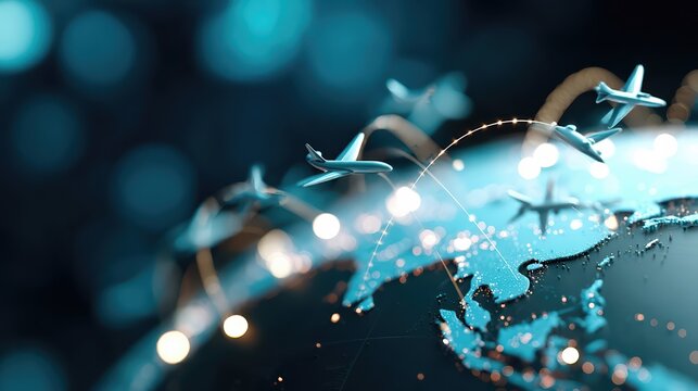 A digital visualization of global air travel with airplanes and illuminated flight paths over a world map. The scene highlights aviation connectivity and international transport.