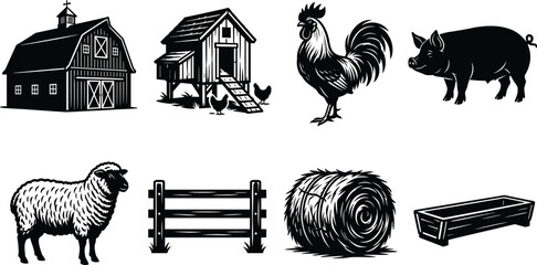 Set of rustic farm animal and agriculture equipment illustrations in black and white woodcut engraving style © MstShapla