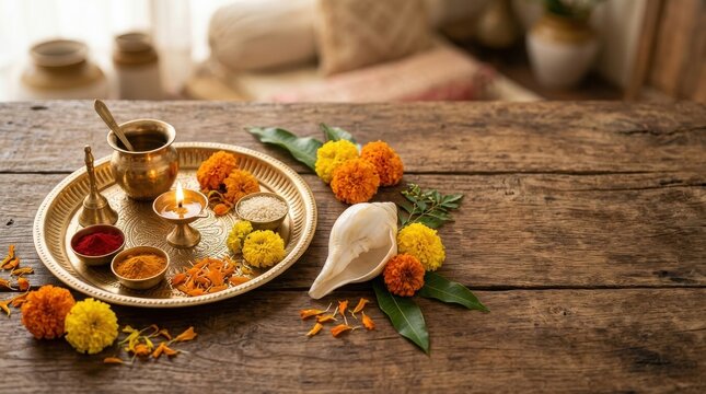 Traditional religious ritual plate with oil lamp flowers and sacred items on rustic wooden background for daily worship.