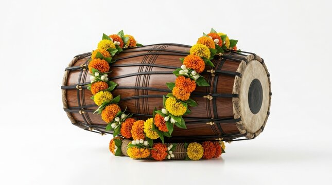Handmade wooden dholak drum decorated with colorful marigold and yellow flowers for Indian music festivals and cultural events.