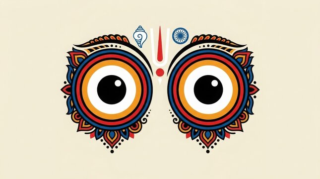 Odia Jagannath eyes symbol with conch and chakra religious art on plain background for festivals and celebrations.