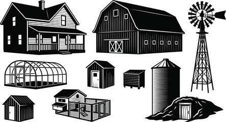 Vintage farm buildings vector set featuring rustic barn farmhouse windmill chicken coop greenhouse and silo illustrations © MstShapla
