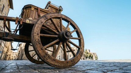 Obraz premium Old wooden chariot wheel on cobblestone street in front of historical building under bright clear blue sky in daytime.