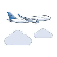 Fototapeta premium Commercial airplane flying in blue sky with white clouds as simple vector graphic style