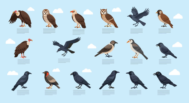 Collection of various bird species like crows, owls, and eagles shown in different poses against a blue sky.
