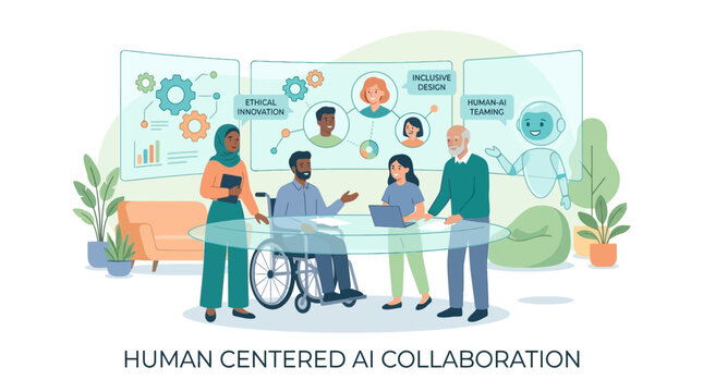 A diverse group of people collaborating on human-centered AI, focusing on ethical innovation and inclusive design.