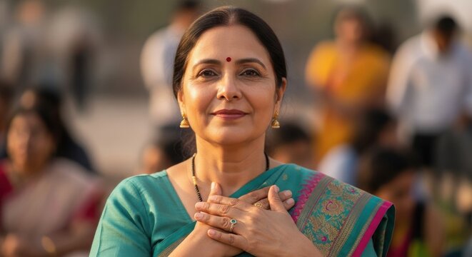 Beautiful indian woman with bindi on forehead wearing traditional saree with hands clasped over chest.