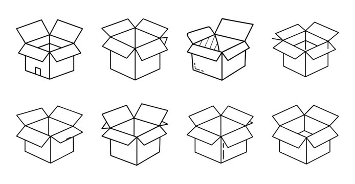 Flat pack boxes illustration set with different states - Clean set of flat pack boxes shown in open, closed, and folded states for design and packaging use.