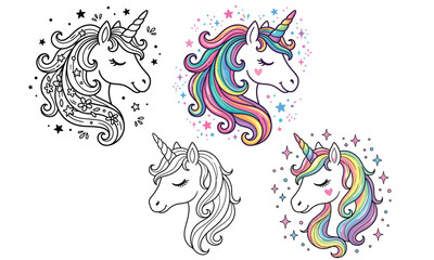 Unicorn head illustrations set colorful mane and line art designs © sfvectors