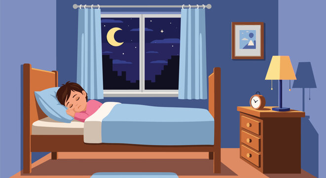 Young child sleeping peacefully in a bedroom with a view of the crescent moon and night sky through the window.