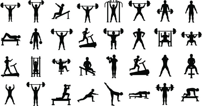 Fitness silhouette collection weightlifting yoga and calisthenics poses
