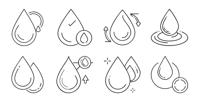 Water droplets forming and falling illustration - Simple vector illustration showing water droplets forming, falling, and splashing in a dynamic sequence.