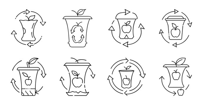 Recycling process with trash bins and paper - Illustrated recycling steps showing trash, sorting bins, and paper reuse with simple icons and arrows.
