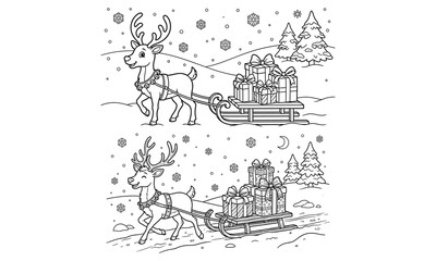 Santa's reindeer pulling sleighs with presents coloring page illustration © sfvectors