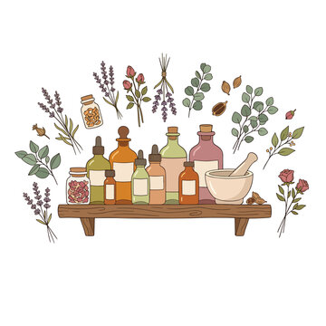 Herbal medicine bottles on wooden shelf.