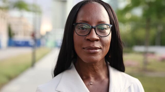 Elegant woman wearing glasses smiling in the city center
