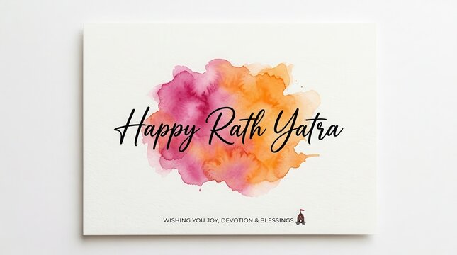 Happy rath yatra greeting card with colorful watercolor splash and calligraphy text wishing joy devotion and blessings.
