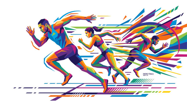 Three competitive sprinters racing energetically towards the finish line on a colorful athletic track. Suitable for sports competitions or fitness concepts.