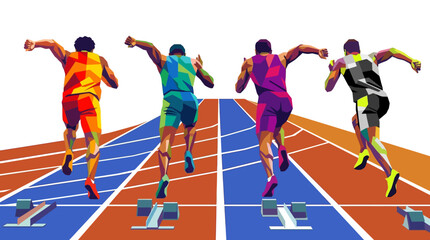 Abstract illustration of four male sprinters starting a track race, suitable for sportsrelated designs, posters, and websites needing a dynamic visual. © Luqman