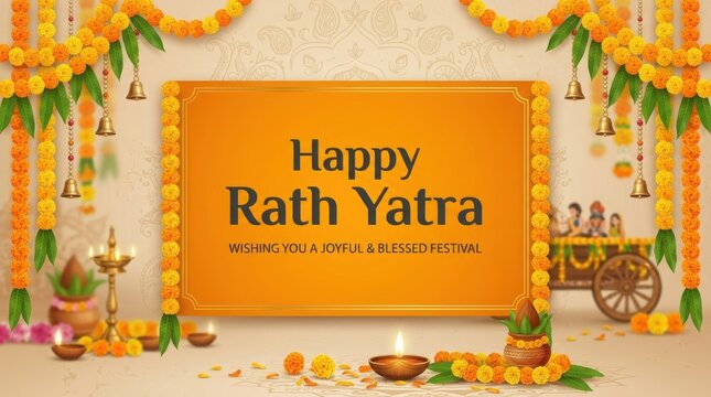 Orange template with happy rath yatra text featuring marigold flower garlands and brass bells for a traditional festival.