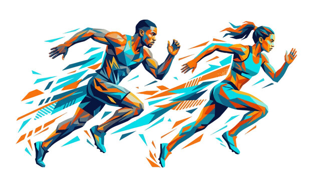 Dynamic art of male sprinter and female runner suitable for sports and fitness designs, posters, websites, and athletic event promotions.
