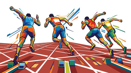 Dynamic image capturing sprinters racing on track lanes with a focus on the intense speed and competition at starting blocks. Perfect for sports websites or promotions. © Luqman