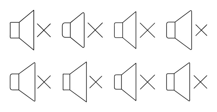 Speaker icons with cross marks in a row - Minimal vector icons of speakers combined with cross symbols arranged neatly in two rows for design or interface use.