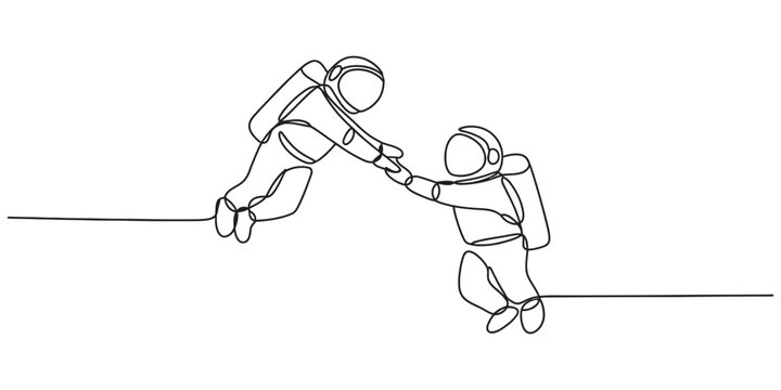 Two astronauts holding hands in continuous single line drawing style