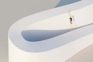 Taking a shortcut concept. A businessman in a suit climbing a ladder to shortcut a winding road leading up. © Andreas Prott
