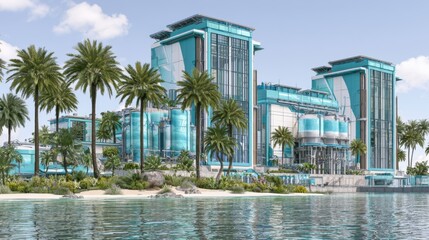 Obraz premium Modern Futuristic Desalination Facility by the Ocean