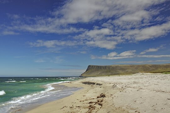 A sunny beach with deep blue water and waves, surrounded by cliffs and bright skies, Latrabjarg, Vestfir&eth;ir Peninsula, Iceland