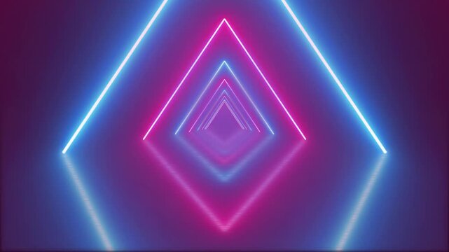 Abstract neon triangle tunnel concept. Flying forward through triangular loop corridor, tunnel, appearing glowing pink blue shapes. Looped triangle tunnel idea on the black background. 4k animation.