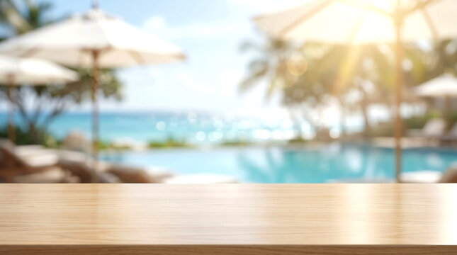 Empty wooden table top on blurred luxury resort swimming pool background for summer vacation product display mockup