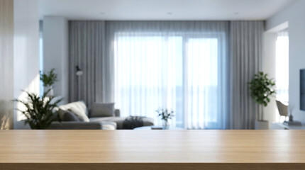 Fototapeta premium Empty wooden table top on blurred cozy living room interior background for domestic furniture product display mockup