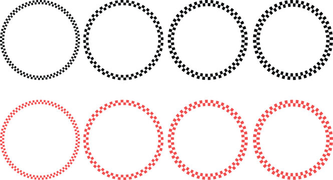  black red and white checkerboard round frames set. Geometric warped grid rings. racing flag circle start and finish. Circular borders featuring race flags
