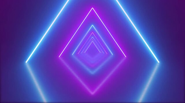 Abstract neon triangle tunnel concept. Flying forward through triangular loop corridor, tunnel, appearing glowing pink blue shapes. Looped triangle tunnel idea on the black background. 4k animation.